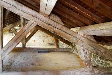 Royal castle medieval in city Collioure interior wooden beam of the frame inside the ramparts in south France