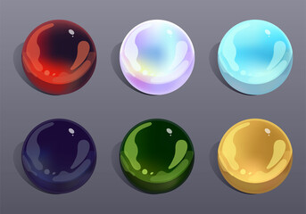 Set of six elements with spheres for game design. Round gems, treasures. Templates for mobile, client and browser applications. Volumetric vector colorful objects for stylization.