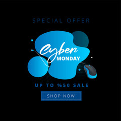 cyber monday promotional banner with wired mouse on black background