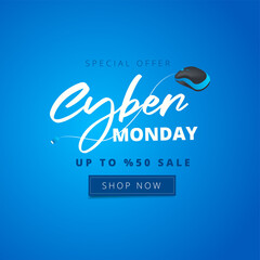 Obraz premium cyber monday promotional banner with wired mouse on blue background