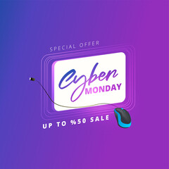 cyber monday promotional banner with wired mouse on purple background