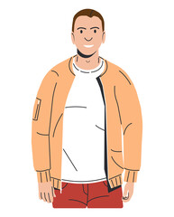 Fototapeta premium Young Caucasian Man in Bomber Isolated. Stylish White Guy in Summer Jacket and Jeans. Elegant Smiling Male Character in Casual Clothes. Boy Stands and Smiles. Cartoon Flat Vector Illustration