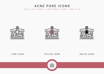 Acne pore icons set vector illustration with solid icon line style. Skin inflammation dermatology concept. Editable stroke icon on isolated background for web design, infographic and UI mobile app.
