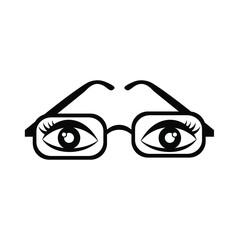 Eyes and glasses, black sign on a white background. Flat vector illustration