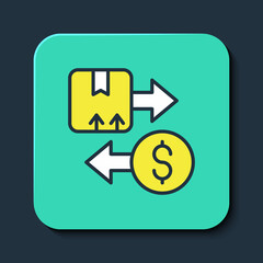 Filled outline Tax carton cardboard box icon isolated on blue background. Box, package, parcel sign. Delivery and packaging. Turquoise square button. Vector