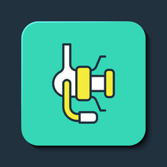 Filled outline Spinning reel for fishing icon isolated on blue background. Fishing coil. Fishing tackle. Turquoise square button. Vector