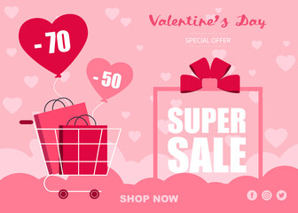 Valentine's Day sale  landing page or banner with gifts, cart, heart shaped balloon on a pink vector background. Promotion and shopping template or background for love concept and valentine's day sale