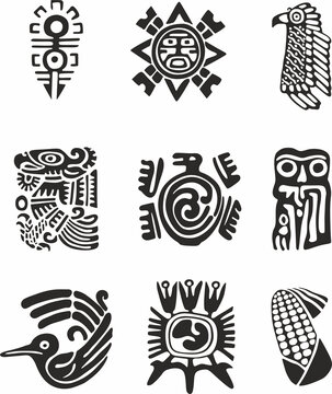 Vector set of monochrome Indian symbols. National ornament of native americans, aztecs, maya, incas.
