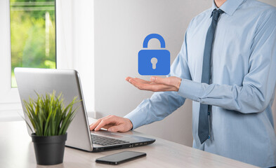 Cyber security network. Padlock icon and internet technology networking. Businessman protecting...