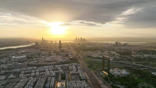 Aerial view of Dubai city skyline during sunrise