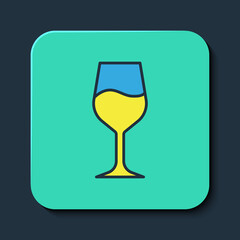 Filled outline Wine glass icon isolated on blue background. Wineglass sign. Turquoise square button. Vector