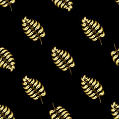Abstract seamless tropical pattern with bright gold leaves and plants on dark background. Seamless exotic pattern with tropical laves. Exotic wallpaper. fashionable print texture. decorative wallpaper