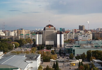 Beautiful view of the city from the height of Tsvetnoy Boulevard of Tyumen in autumn