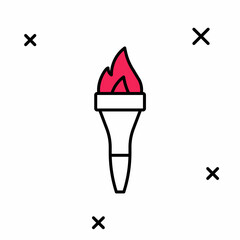 Filled outline Torch flame icon isolated on white background. Symbol fire hot, flame power, flaming and heat. Vector