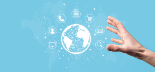 Business man hiold, use,press infographic icon of community technology digital.Concept of hi tech and big data. Global connection.IoT Internet of Things . ICT Information Communication Network .