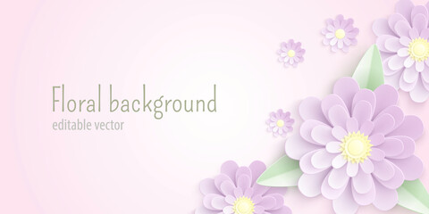 Cute pastel vector paper cut background with purple flowers and green leaves. Floral template design with violet layered elements for greeting card or wedding invitation