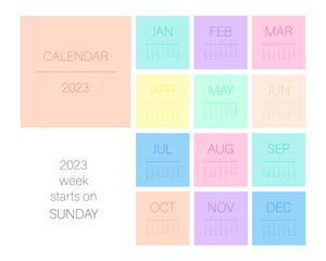 Calendar template for 2023. Square design with bright pastel and neon colors. Desk or wall calendar 12 months with cover. Vector mesh. Week starts on Sunday.