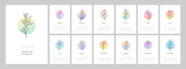 Calendar template for 2023. Vertical design with botanical line art. Natural colors. Editable illustration page template A4, A3, set of 12 months with cover. Vector mesh. Week starts on Sunday.