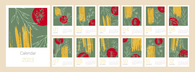 Botanical calendar template for 2023. Vertical design with abstract natural floral branch. Editable illustration page template A4, A3, set of 12 months with cover. Vector mesh. Week starts on Sunday.