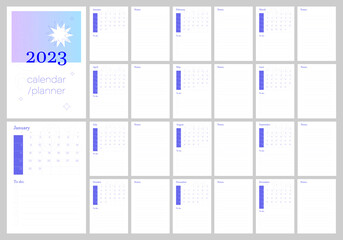 2023 calendar planner. Daily, weekly, monthly planner template. Printable to do list. Business organizer page. Paper sheet. Week starts on Sunday. Trendy scheduler 12 month editable a3, a4, a5.