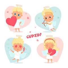 Amour angel. Cute funny cupid little god Eros greece kids with heart bow hunters romantic vector illustration. Valentine amur angel with heart, cupid love cupid, heart hunters romantic characters