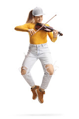 Trendy young female violinist playing a violin and dancing