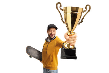 Happy guy with a skateboard holding a gold trophy cup - Powered by Adobe