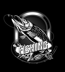 Pike fishing emblem. Pike fish logo vector. Outdoor fishing background theme. Angry fish logo.