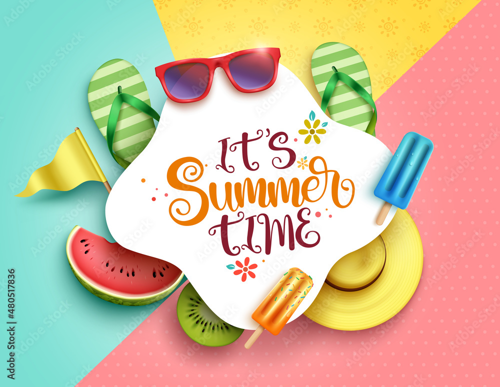 Poster summer time vector template design. it's summer time text in abstract shape and colorful pattern bac