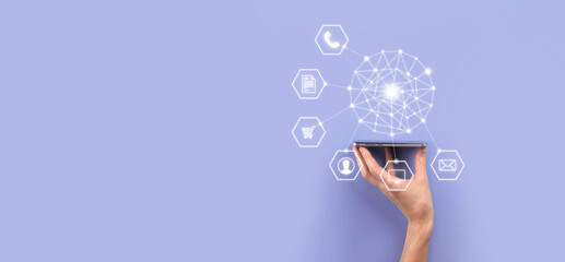 Business concept Close up of man using mobile smart phone and infographic icon of community technology digital.Concept of hi tech and big data. Toned image
