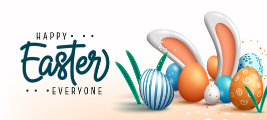 Easter season vector design. Happy easter text with 3d realistic bunny ears figurine and colorful eggs decoration pattern for holiday celebration greeting. Vector illustration.
