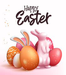 Easter greeting vector design. Happy easter text with 3d realistic bunny figurine and colorful eggs elements for holiday egg hunt season card decoration. Vector illustration.

