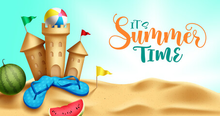 Summer time vector background design. It's summer time text with 3d tropical season elements like sand castle, flip flops and beach ball for fun and enjoy holiday vacation activity. 
