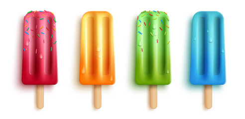 Popsicles element vector set design. 3d realistic popsicle dessert with sweet, fruity flavor like strawberry and orange isolated in white background for summer ice cream collection. - obrazy, fototapety, plakaty