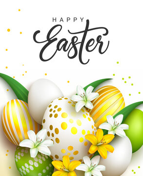 Easter greeting vector design. Happy easter typography text with 3d realistic flowers and eggs in gold pattern prints for seasonal holiday card decoration. Vector illustration.
