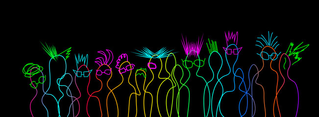 Abstract colorful People Background. Silhouettes of Different Persons Connected Together with Colorful Line on black background. Creative Idea of Diversity, connection and communication 
