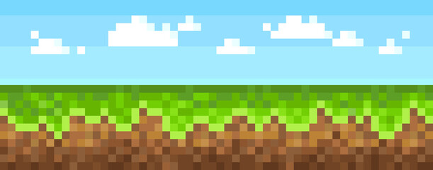Pixel Art ground with sky background for 8-bit retro video game design. Seamless pattern land for platform arcade game level design. Pixelated vector illustration