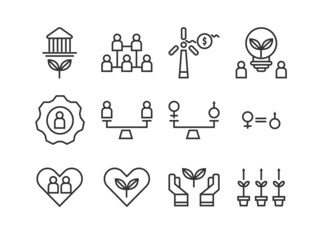 Set of environment, social, and governance(ESG)icons. Thin line icons such as sustainable ecological, save water and energy, honest people. Editable stroke. Pixel perfect 64x64 For web and mobile.