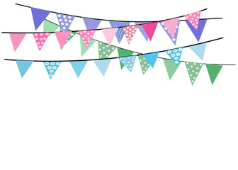 Greeting or Birthday party invitation with carnival,bunting flag garlands. Part decorating concept with colorful hanging above. Happy birthday.  with copy space for your text.