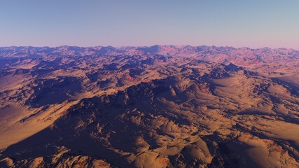 Exoplanet fantastic landscape. Beautiful views of the mountains and sky with unexplored planets. 3D illustration