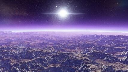 Exoplanet fantastic landscape. Beautiful views of the mountains and sky with unexplored planets. 3D illustration