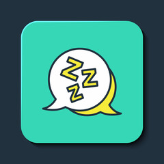 Filled outline Sleepy icon isolated on blue background. Sleepy zzz talk bubble. Turquoise square button. Vector