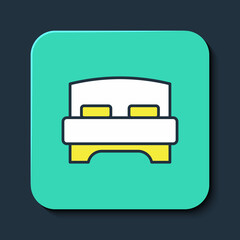 Filled outline Big bed for two or one person icon isolated on blue background. Turquoise square button. Vector