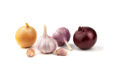 A mixture of fresh garlic, red and yellow onions on a white background.