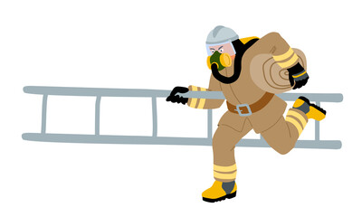 A running firefighter with a side ladder and a hose. Fire service training. Color vector illustration isolated on a white background in a cartoon and flat design.