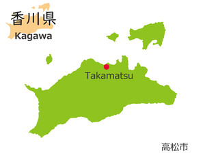 日本の香川県、手描き風のかわいい地図、県庁のある都市