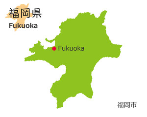 日本の福岡県、手描き風のかわいい地図、県庁のある都市