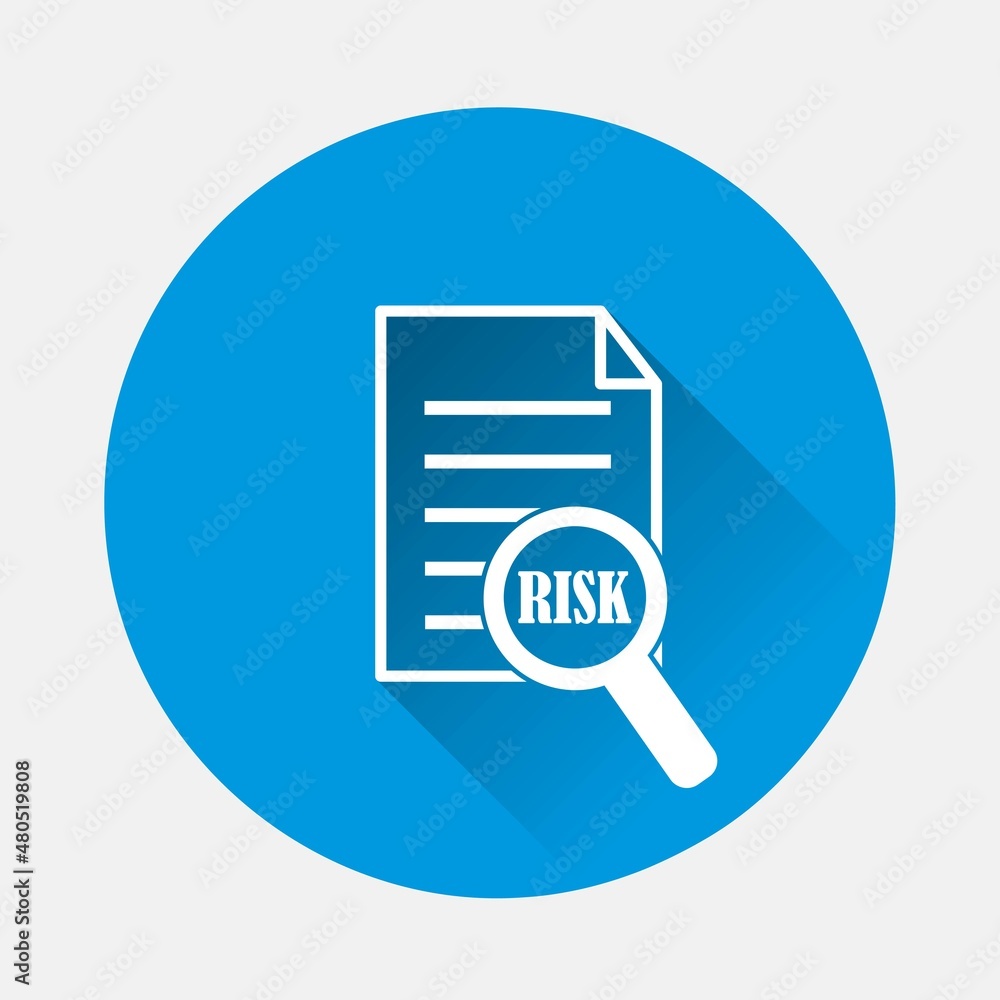 Aufkleber vector icon word risk in a magnifier. danger of business risks icon on blue background. flat image w