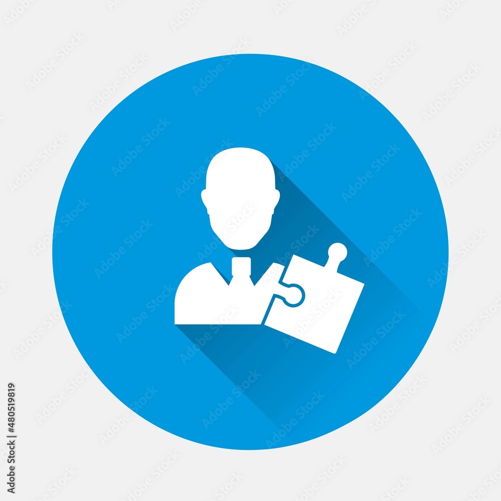 Poster management vector icon. puzzle and man businessman icon on blue background. flat image with long sha