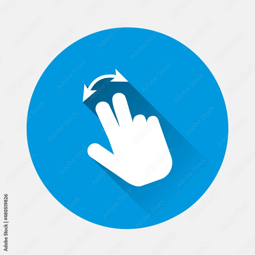 Poster vector icon hand presses clicks on the button icon on blue background. flat image with long shadow. 